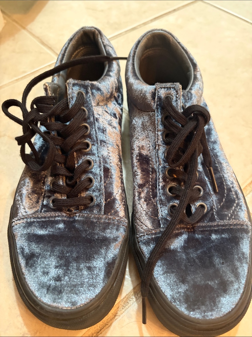Vans Women's Velvet Sneakers in Shimmery Slate Blue with Black Laces
